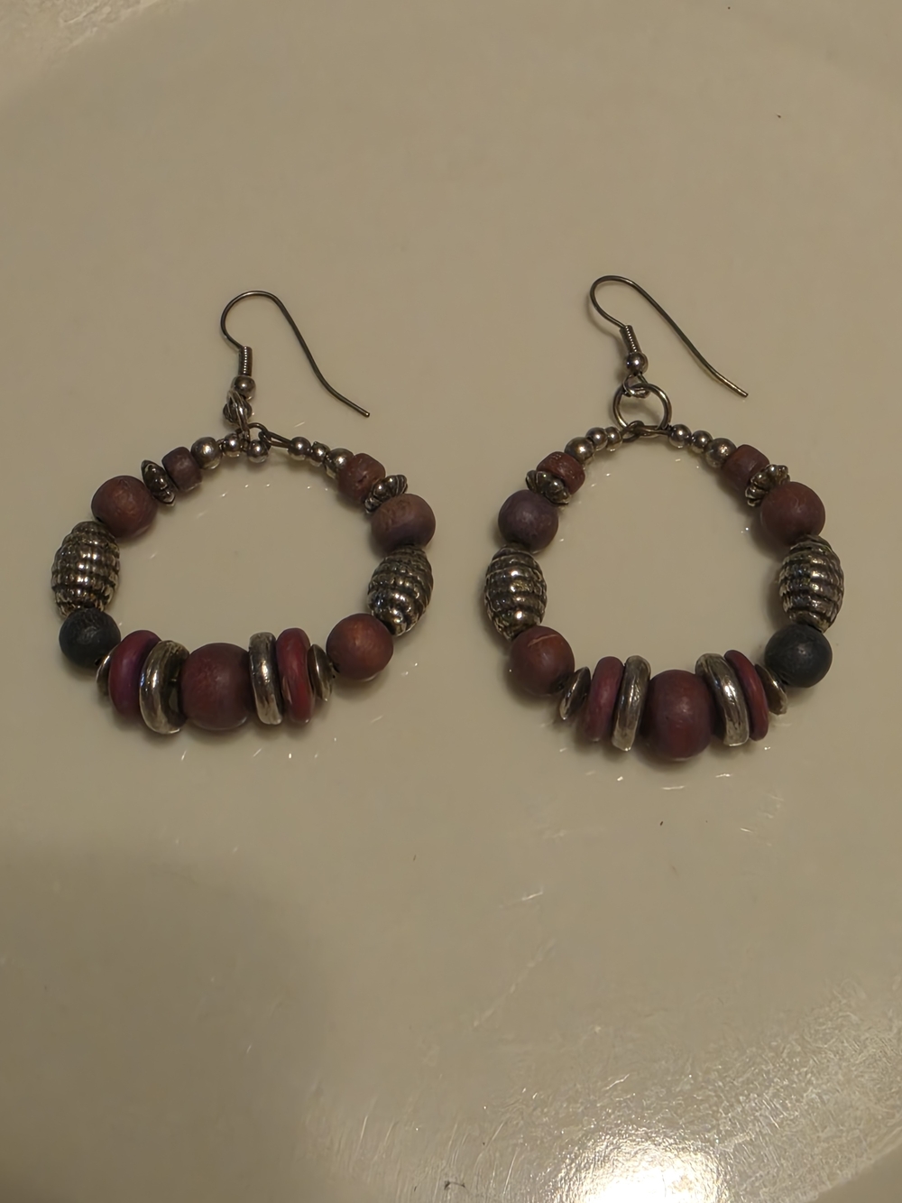 Vintage Pink Beaded Hoop Earrings with Silver Accents